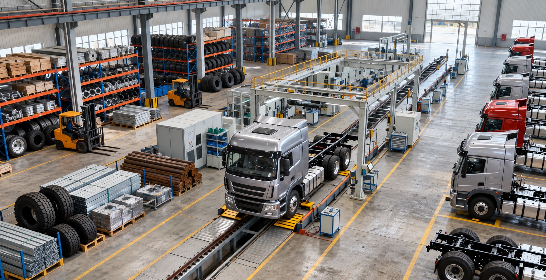 Illustration of a heavy truck assembly workshop in natural daylight