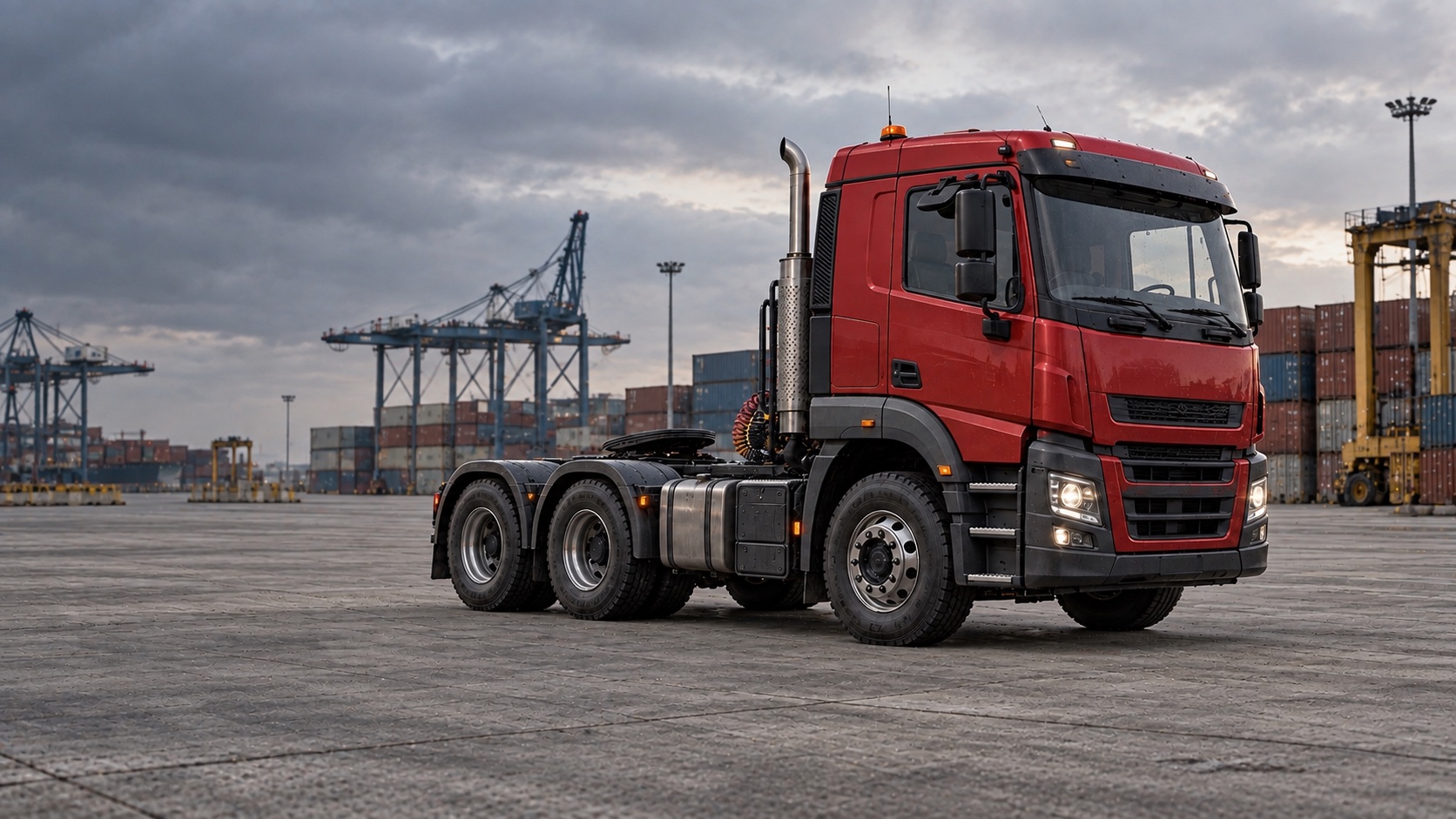 Illustration of a red three-axle tractor at a port in natural daylight