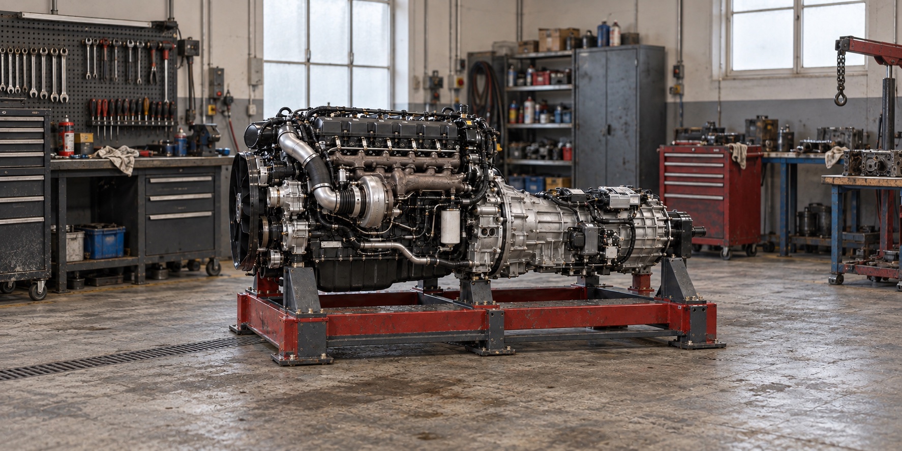 Illustration of a commercial vehicle engine and transmission powertrain